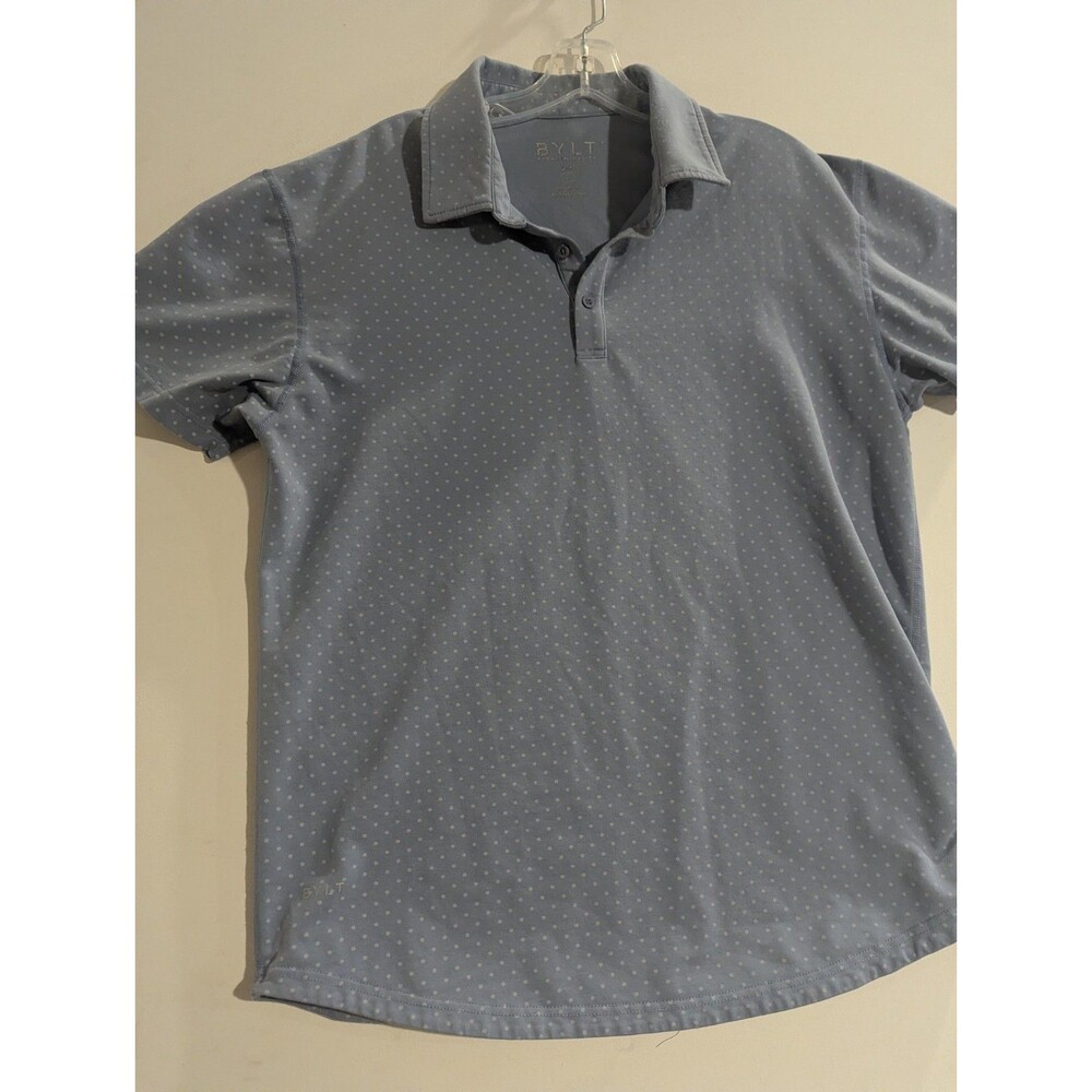 Bylt Shirt Mens‎ Large Polo Gray Navy Polka Dot Collar Drop Cut Lux